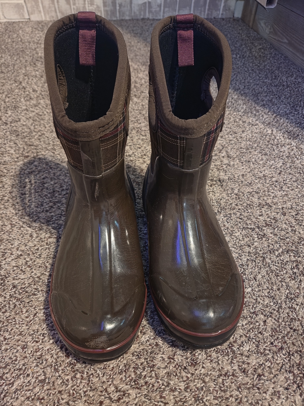 Bogs Women's Brown Rain Boots with Burgundy Pull Tabs